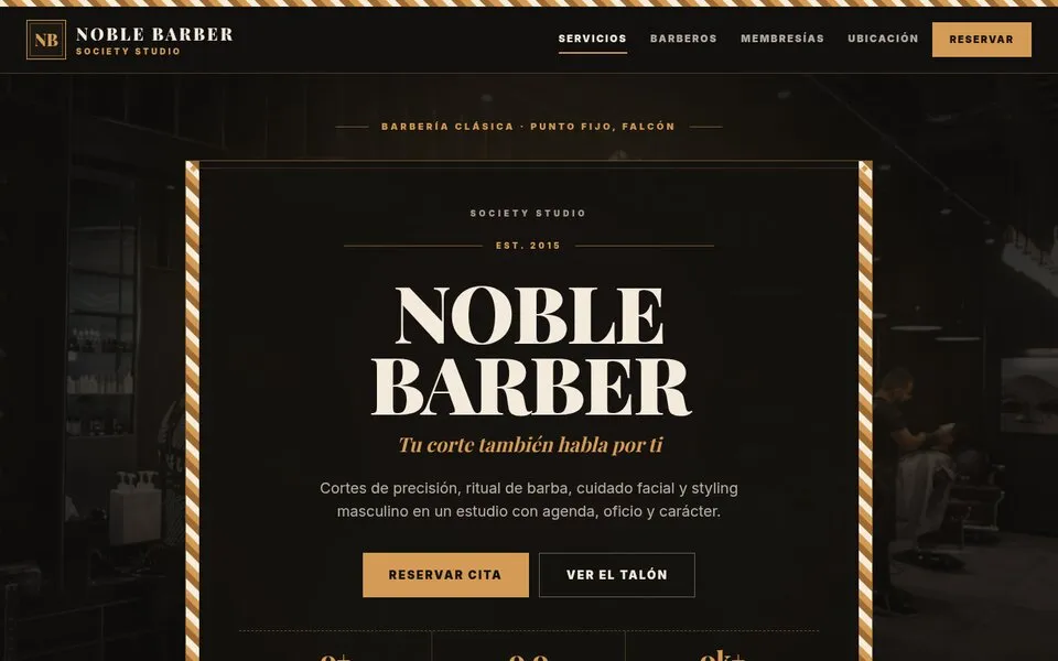 Demo de barbería: portada de la barbería Noble Barber con reserva de cita