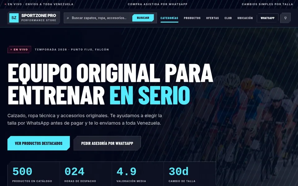 Demo de tienda deportiva: colección destacada y asesoría por WhatsApp